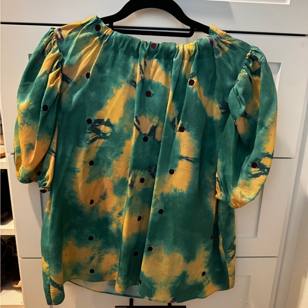 Ulla Johnson Green and Yellow Tie-Dye Puff Sleeve Top with Burgundy Dot Accents